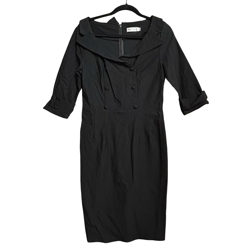 MUXXN Black Wiggle Dress 1950s Retro Portrait Collar Double Breasted XL Pencil
